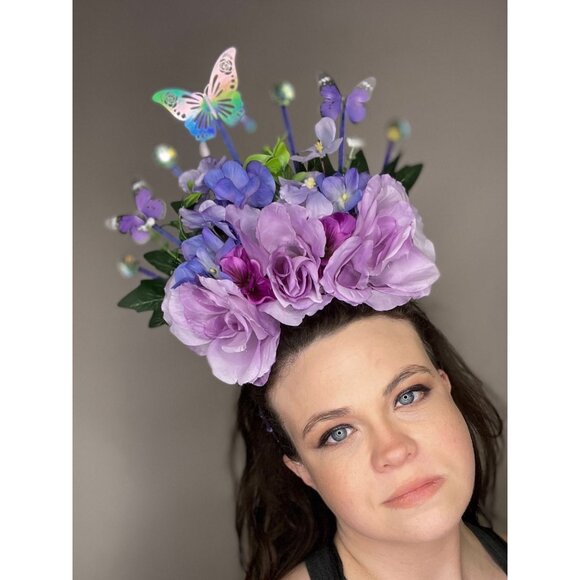 Large Floral Headpiece in Purple Costume Head Wear Hat Headband Performance - Picture 7 of 8